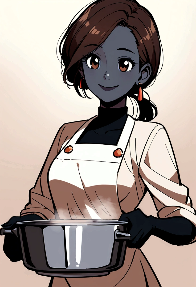 Create a Disney Pixar Poster. A woman chef. This woman has dark brown hair, shoulder length hair, is smiling happily, eyes browns, small eyes. She wears small earrings. She has black skin. She's stirring a pot.