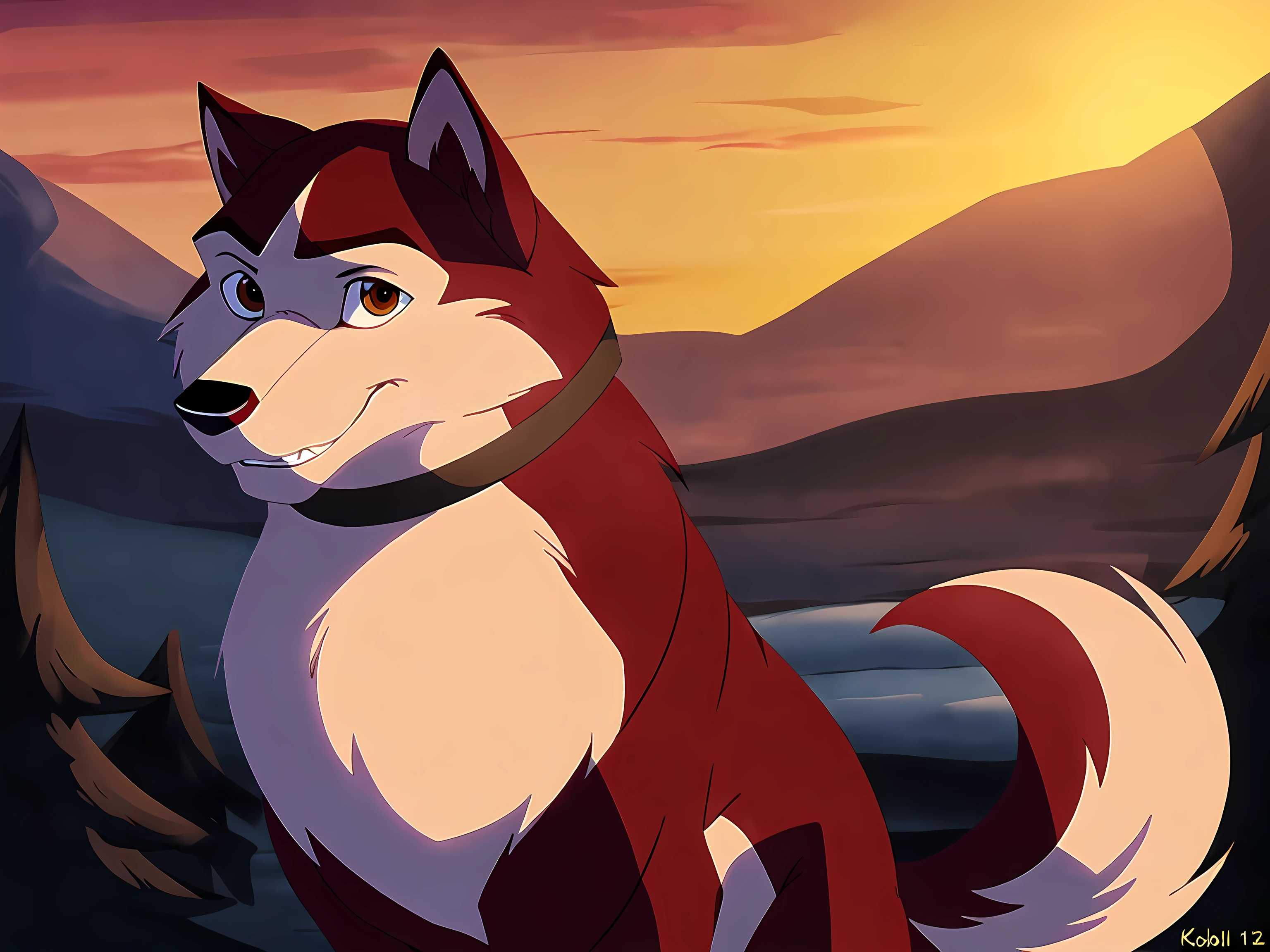 kodi, kodiak (balto), solo, red fur, full body:1.1, feral, detailed, detailed face, detailed eyes, quadruped, wfa anatomy, black lineart, black outline, male, masculine, adult, wolf, wolf body, wolf tail, brown eyes, cartoon shading, cel shaded:1.0, black dog collar:1.2, strong body, confident, proud, front view, paws,