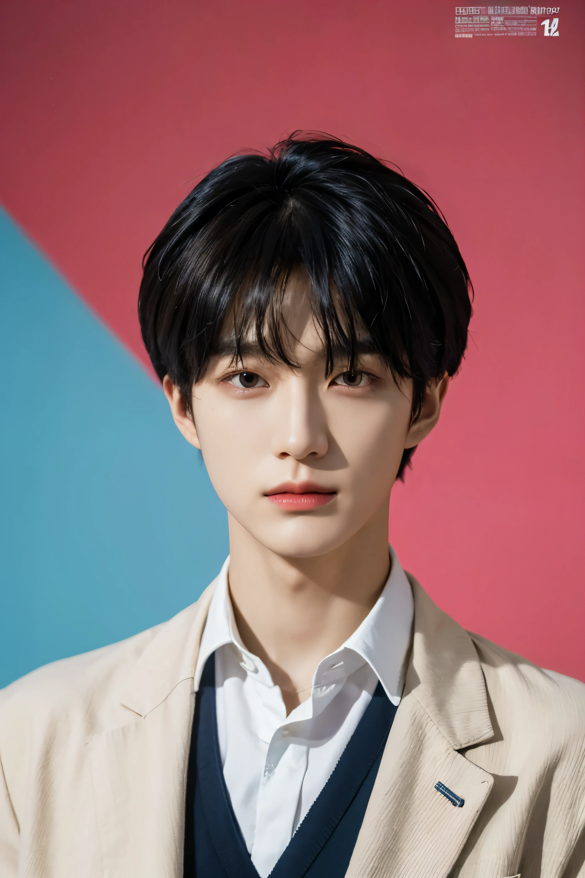 Full colorful background and backdrop,protrait focus,for ads,professional pose for magazine photo,Handsome korean male,Center-parted hairstyle,a cassock,worship,short male hair,bangs hair,centre the down hair, Delicate androgynous prince, Beautiful androgynous prince, korean artist, with same hairstyle,dressea new fashion colorful short suit blazer t-shirt,