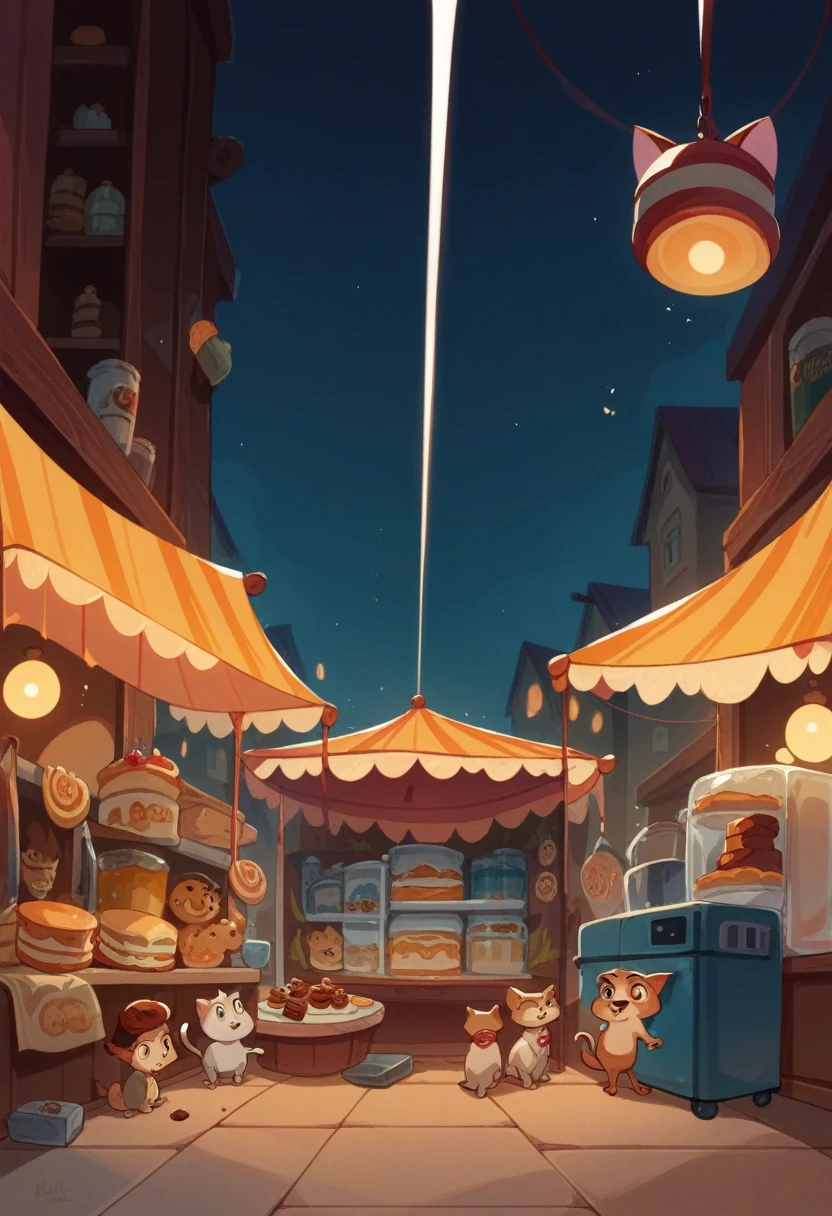 An animated Pixar Disney artwork with several beer stands, refrigerator, cake, BBQ, lanches, chocolates, with adults, children, cats and dogs Text CONDOMINIUM FAIR