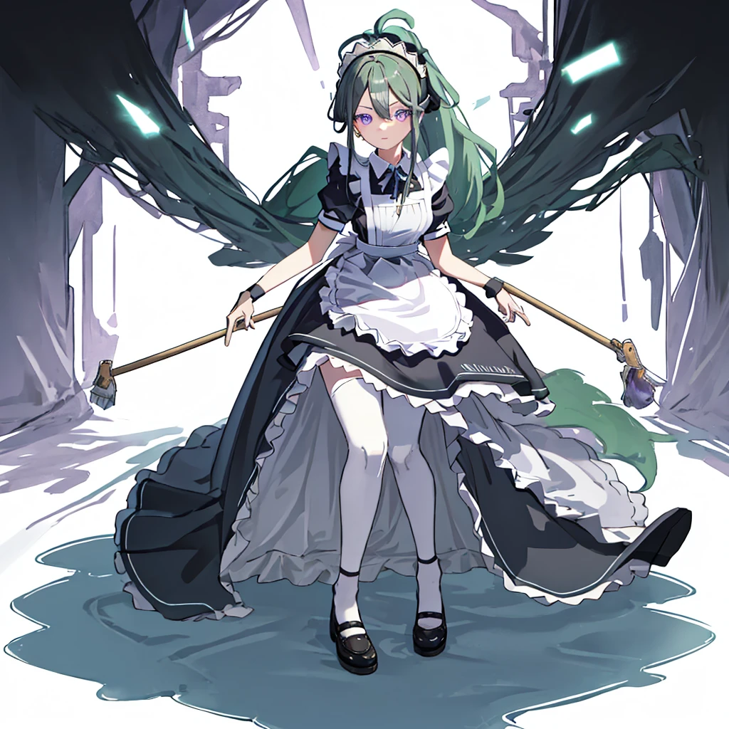 best quality, masterpiece, highres, solo, {maid:1.40}, {long maid dress:1.15}, {kuki_shinobu_genshin:1.15}, green_hair, purple_eyes, bangs, ponytail, hair_between_eyes, hair_ornament, breasts