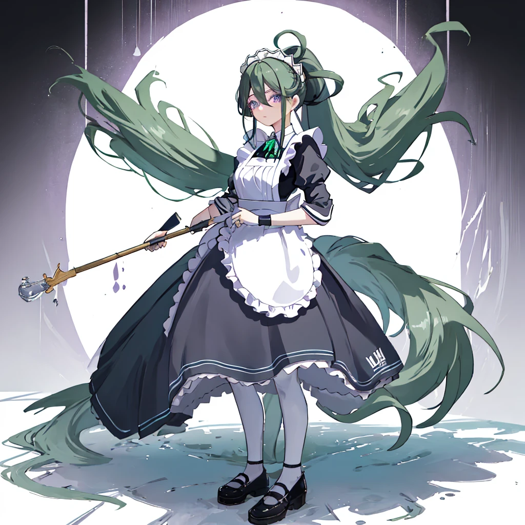 best quality, masterpiece, highres, solo, {maid:1.40}, {long maid dress:1.15}, {kuki_shinobu_genshin:1.15}, green_hair, purple_eyes, bangs, ponytail, hair_between_eyes, hair_ornament, breasts