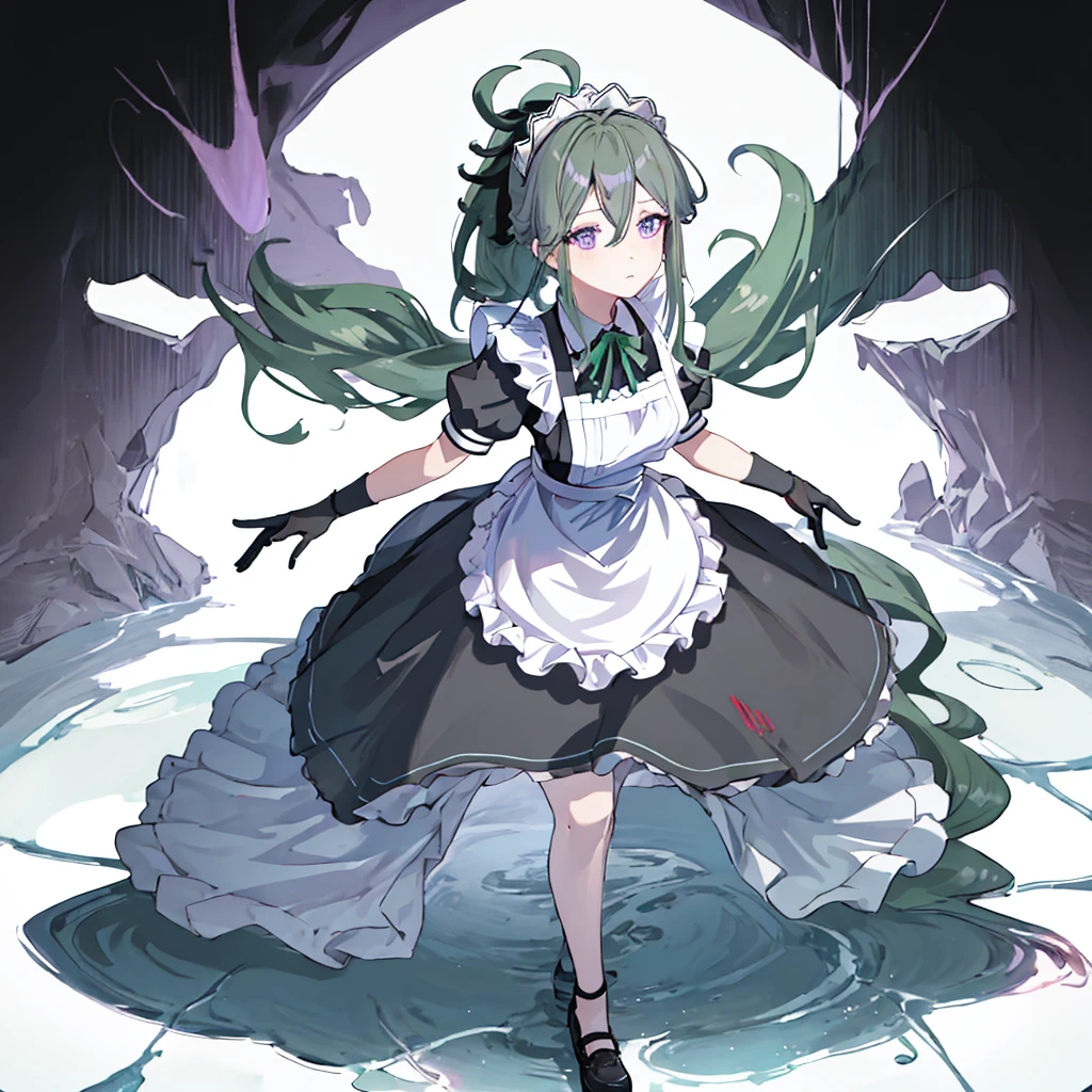 best quality, masterpiece, highres, solo, {maid:1.40}, {long maid dress:1.15}, {kuki_shinobu_genshin:1.15}, green_hair, purple_eyes, bangs, ponytail, hair_between_eyes, hair_ornament, breasts