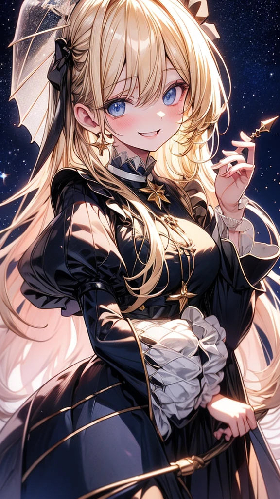 Blonde、One knot、Blue Eyes、Black Star Dress、Gorgeous dress、Starry Sky、Moon ornament、parasol、smile、4K、high resolution、masterpiece