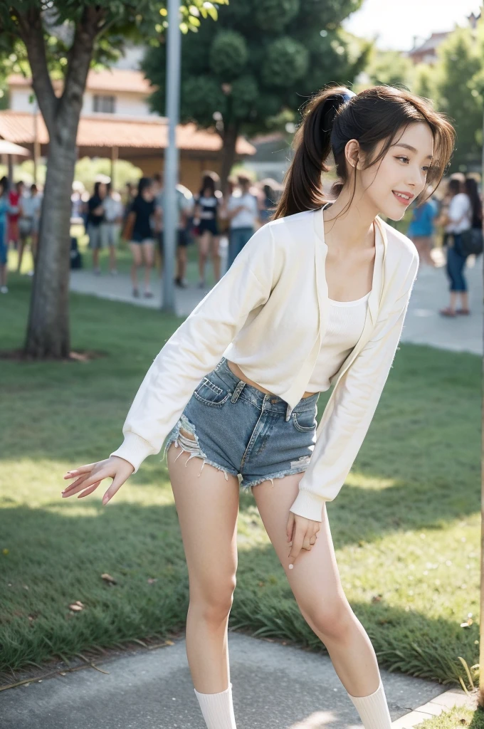 (((best quality))),(((ultra detailed))),(((masterpiece))),illustration,((1 beautiful girl,solo)),((slim,thin)),((small breasts,flat chest)), outside school gate, summer twilight, sunlight,(short ponytail:1.3),(claviclies,cleavage),((white long-sleeved shirt)),((denim shorts,slender legs)),(plain white socks, comfortable flip-flops), animated face, excited eyes, sounds of laughter, chatter, excitement of summer vacation, air filled with energy, school gate golden glow, symbol of end of academic year, schoolyard transformed, reunion, farewells, embracing setting sun, face illuminated, moment captured, fleeting instant, essence of summer, carefree spirit, youthful exuberance, embodiment of season, sun dips, rosy glow, joy of living,promise of adventures,((standing,from front,full body)),(surrounded by crowded crowds:1.3)