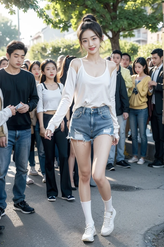 (((best quality))),(((ultra detailed))),(((masterpiece))),illustration,((1 beautiful girl,solo)),((slim,thin)),((small breasts,flat chest)), outside school gate, summer twilight, sunlight,(short ponytail:1.3),(claviclies,cleavage),((white long-sleeved shirt)),((denim shorts,slender legs)),(plain white socks, comfortable flip-flops), animated face, excited eyes, sounds of laughter, chatter, excitement of summer vacation, air filled with energy, school gate golden glow, symbol of end of academic year, schoolyard transformed, reunion, farewells, embracing setting sun, face illuminated, moment captured, fleeting instant, essence of summer, carefree spirit, youthful exuberance, embodiment of season, sun dips, rosy glow, joy of living,promise of adventures,((standing,from front,full body)),(surrounded by crowded crowds:1.3)