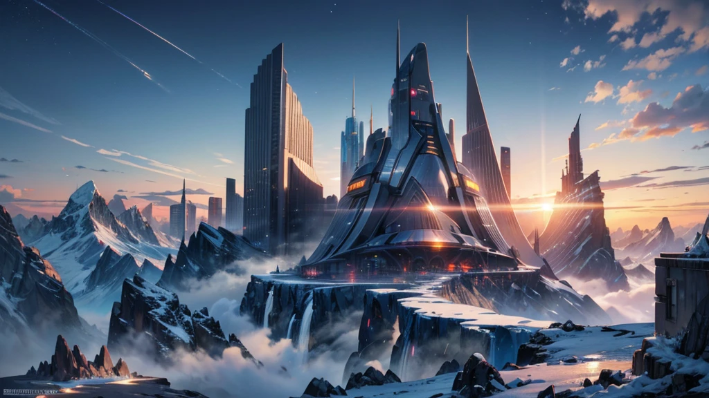 make a futuristic city on top of a mountain. as if it were in DENALI in Alaska. the city must be very advanced and beautiful. make a wallpaper of it in 8k. beautiful, full of life and technology. millennia in the future