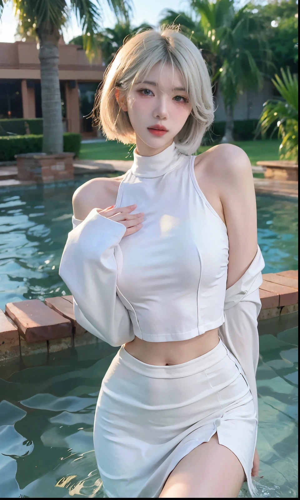 Beautiful woman with perfect figure:1.4，Swimming background，Desert Background，Ultra-high resolution，Seductive laughter，wear glasses，White legs，（lifelike：1.4），Layered Hairstyle，White skin，Black mini pleated skirt，whole body，Very delicate face and skin texture，Double eyelids，Skin Whitening，Long hair，White hair，White，