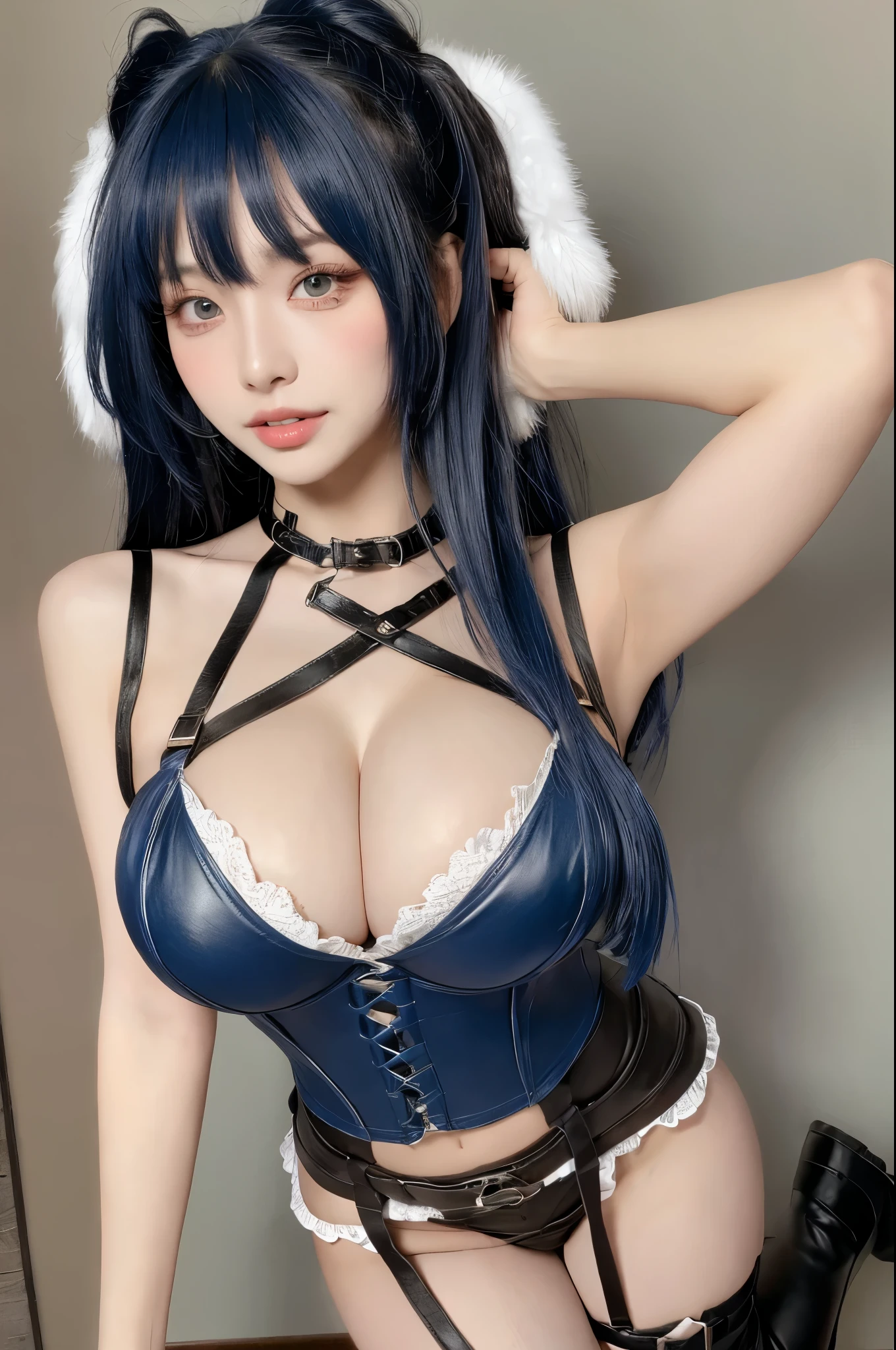 Beautiful y seductive slutty woman with perfect figure：1.4，Layered straight Hair Style，sexor，accentuated super huge enormously gigantic breastdeep cleavage and g nipple：1.5， leather cthigh high boots and mini thong with lots of straps buckles and zippers，Highly Detailed Face and Skin Textur，double eyelid，Whitening Skin，((Long blue hair:1.2))