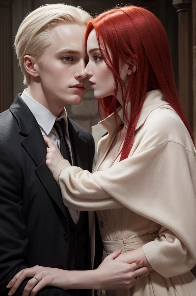 Draco Malfoy and a red-haired girl very close,to the point of almost kissing