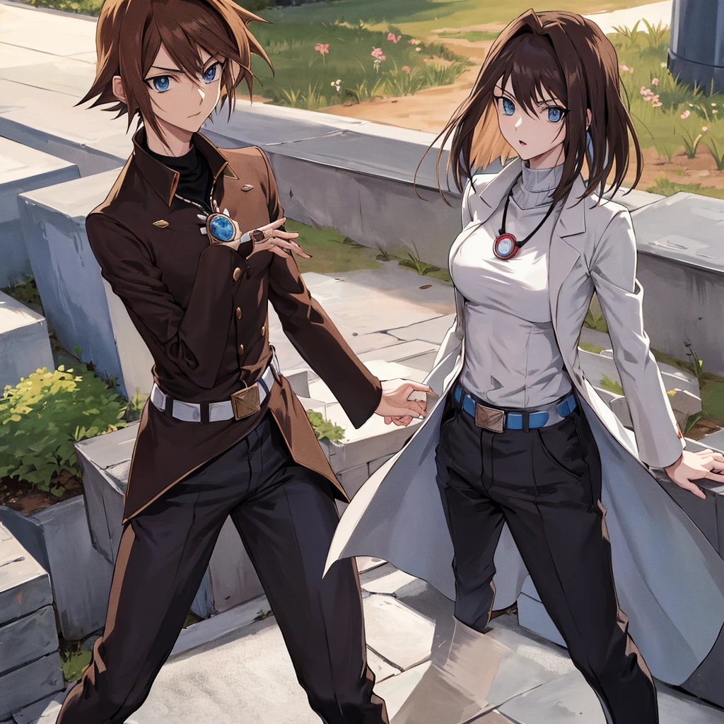 score_9, score_8_up, source_anime, highly detailed, masterpiece, best quality,detailed,intricate details, amazing quality, best aesthetic, absurdres, seto kaiba, blue eyes, brown hair, white coat, black collared shirt, long sleeves black pants, belt, necklace, arm belt, turtleneck, open coat, high collar,garden, Duel monsters , Yu-Gi-Oh full body