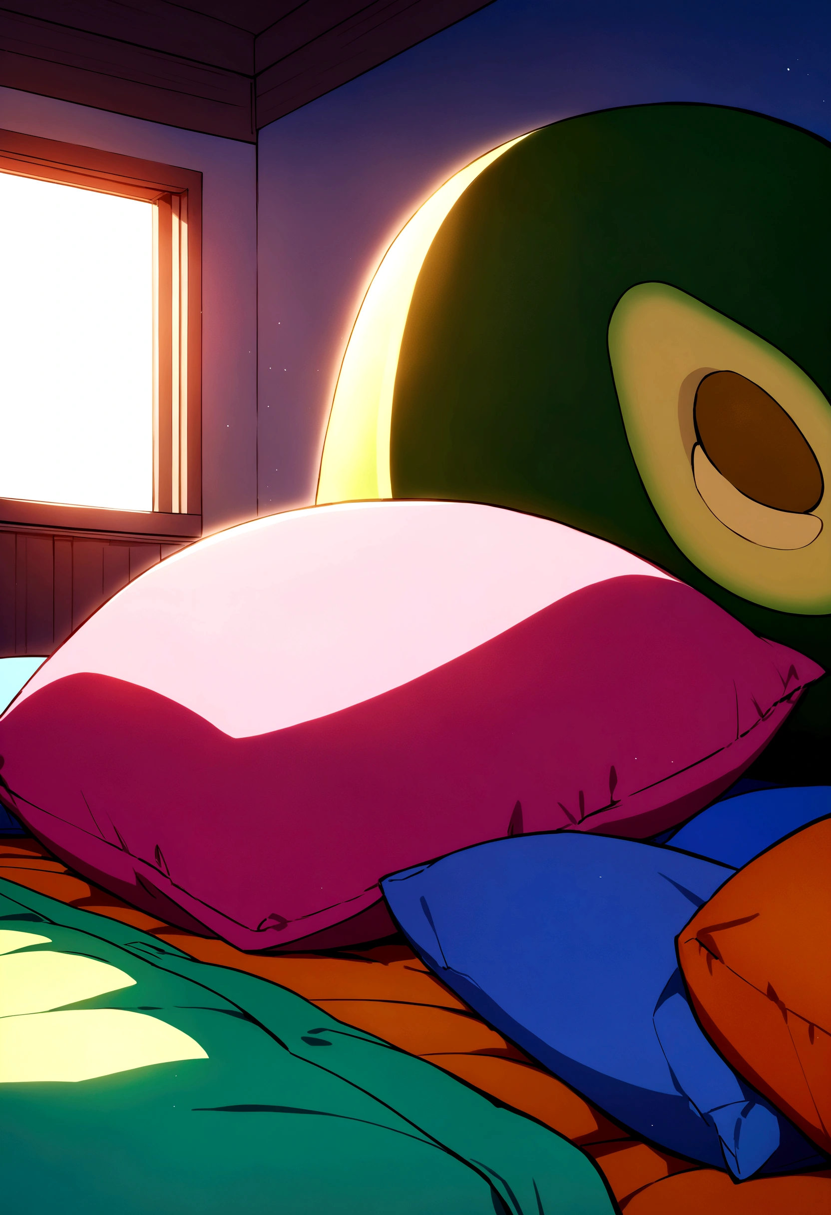 Best quality, masterpiece, lime color hair, black oversized hoodie with watermelon pattern, huge bulging breasts, bedroom, sitting on a bed, sexy,