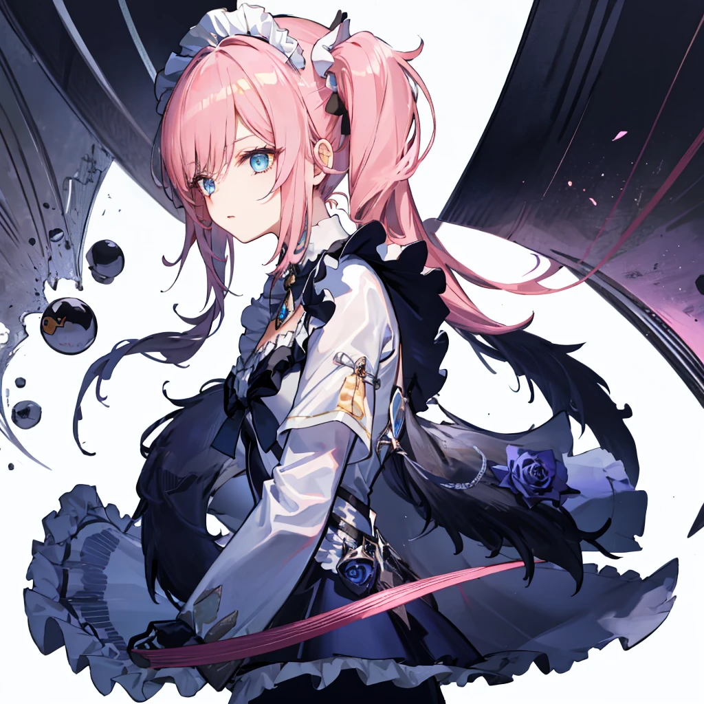 1 girl,rose,Upper body,pink long hair,high twin tail,((White Maid Costume)),blue eyes,Blunt bang,((whole body)),whole body,