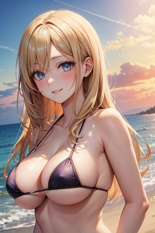 One Woman, Highest quality, masterpiece, Ultra HD, beautiful胸, Cleavage, anime, super beautiful, Beautiful breasts, Shapely breasts, Upper Body, Underboob, Sideboob, Highly detailed eyes, blush, smile, Firm breasts, sunset, Blonde, Micro Bikini, Stylish, Beauty, beautiful, Emphasize the chest, Forehead visible, Straight Hair, Adult sex appeal, Adult charm, Mother, Super Resolution, Beautiful eyes, Beach, 