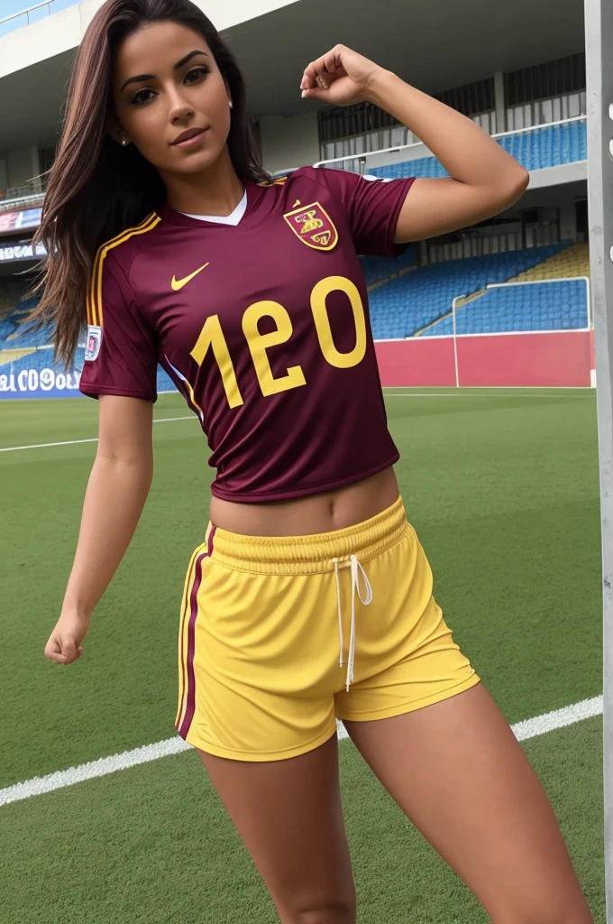 sexy woman, culona, beautiful, dressed in soccer style with the vinotinto shirt