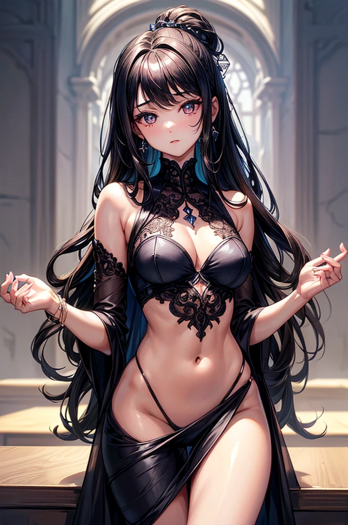 ((highest quality)),(ultra high resolution),(Super detailed),(detailed description),((best CG)),(best work of art),super precision art, great drawing art,(Art with precise details:1.5), (ung girl:1.5), beautiful and well-shaped face:1.5,(Beautiful skin with precise and detailed depiction:1.6),(asymmetrical elegant dress ),gorgeous, masterpiece, best quality, high-resolution, finely detailed, extremely detailed and beautiful, distinct-image, 1 girl, 16 y teenager, solo, sharp facial features, oval shaped face. cherry pink lips, lightly tanned white skin. velvet-colored eyes, C-cup breasts, tall height(175cm), slim yet chiseled body type, short shoulder length dark violet-black hair, small narrow waist, long and slender legs, curvy wide hips, elegant gothic courtyard setting