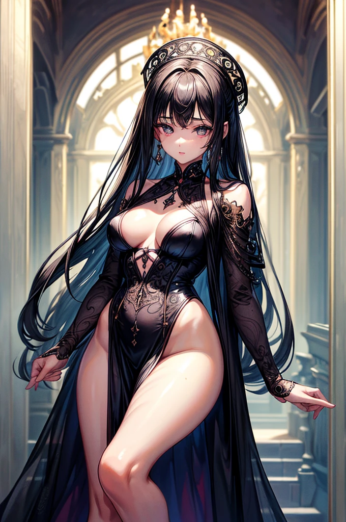((highest quality)),(ultra high resolution),(Super detailed),(detailed description),((best CG)),(best work of art),super precision art, great drawing art,(Art with precise details:1.5), (ung girl:1.5), beautiful and well-shaped face:1.5,(Beautiful skin with precise and detailed depiction:1.6),(asymmetrical elegant dress ),gorgeous, masterpiece, best quality, high-resolution, finely detailed, extremely detailed and beautiful, distinct-image, 1 girl, 16 year old teen, solo, sharp facial features, oval shaped face. cherry pink lips, lightly tanned white skin. velvet-colored eyes, C-cup breasts, tall height(175cm), slim yet chiseled body type, short shoulder length dark violet-black hair, small narrow waist, long and slender legs, curvy wide hips, elegant gothic courtyard setting
