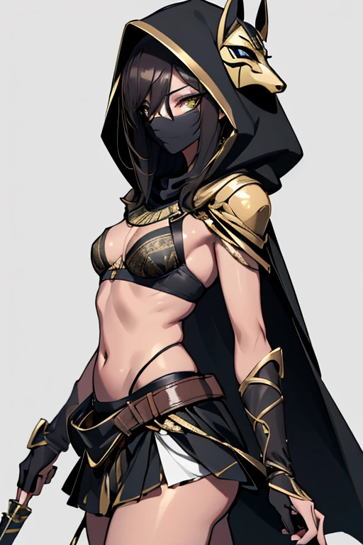 (absurdres, 8k, 4k, masterpiece, hyper extreme detailed:1.2), solo, 1girl, front view, portrait, solo, standing, tan skin, female, mask,  perfect hands, perfect anatomy, mask, black mask with gold accents, perfect face, expressive eyes, golden eyes, mysterious, wearing a mask, Anubis, gold and black color scheme, tan flowing skirt, black cloak, gold side cape, golden attire, Akali, Egyptian clothing, long hair, messy hair, dark brown hair, tan skin, half body, cowboy shot, small breasts, black and gold armor, maneuverable, perfect anatomy, egyptian, human, mask, solo, mask, hood, wearing hood, wearing mask, Mask, desert background, black bra with gold accents, front view, black hood with gold accents, black gloves with gold accents, 