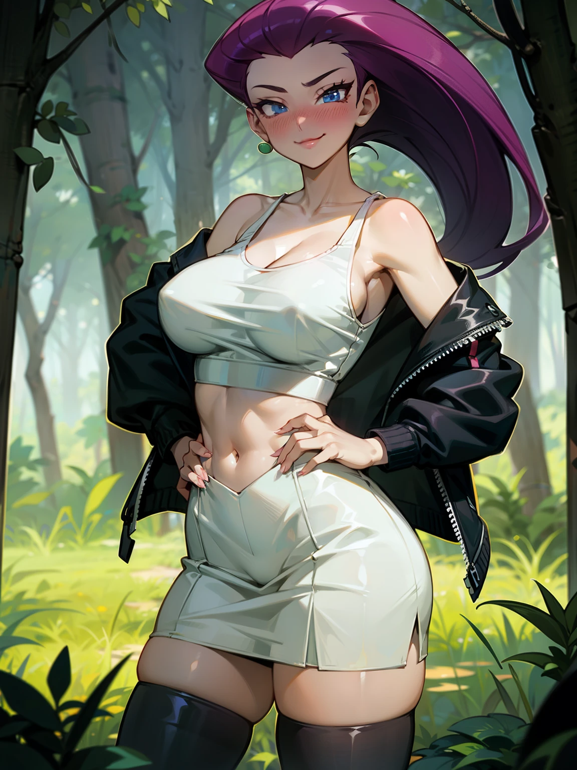 (Masterpiece), Best Quality, ultra-detailed, 1girl (jessie pokemon, Big and pretty breasts, , purple hair, hair slicked back, long hair,blue eyes), a lovely face ,facing viewer, looking at viewer,lovely smile,  nose  blush, blush, solo, black  jacket, white Tank_top, navel, black pleats skirt, ultra mini skirt, white lace thighhighs, in the forest, night time, standing, Sexy waist teasing 
