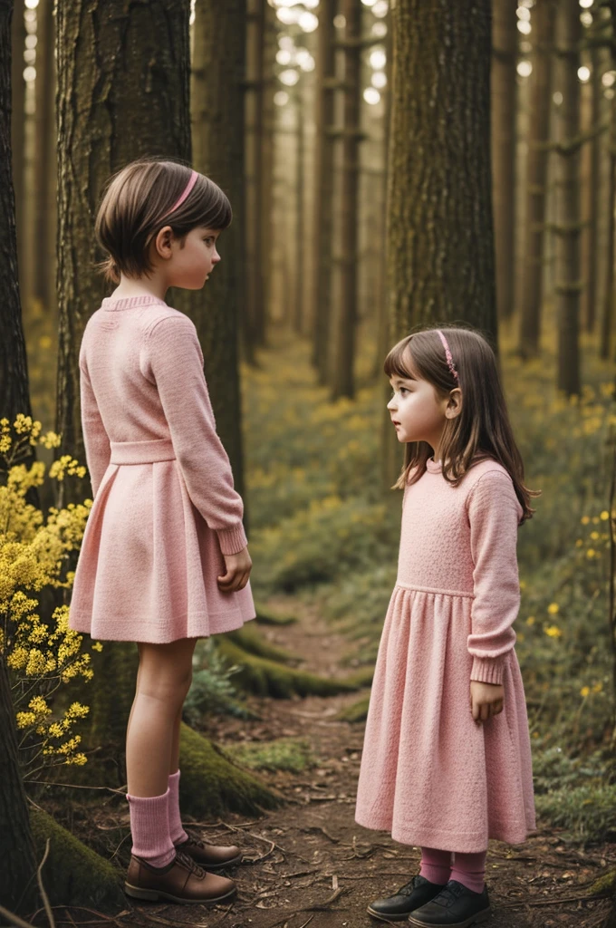 A brunette girl parading wearing a light green dress and next to her a blonde child wearing a light pink dress with details
