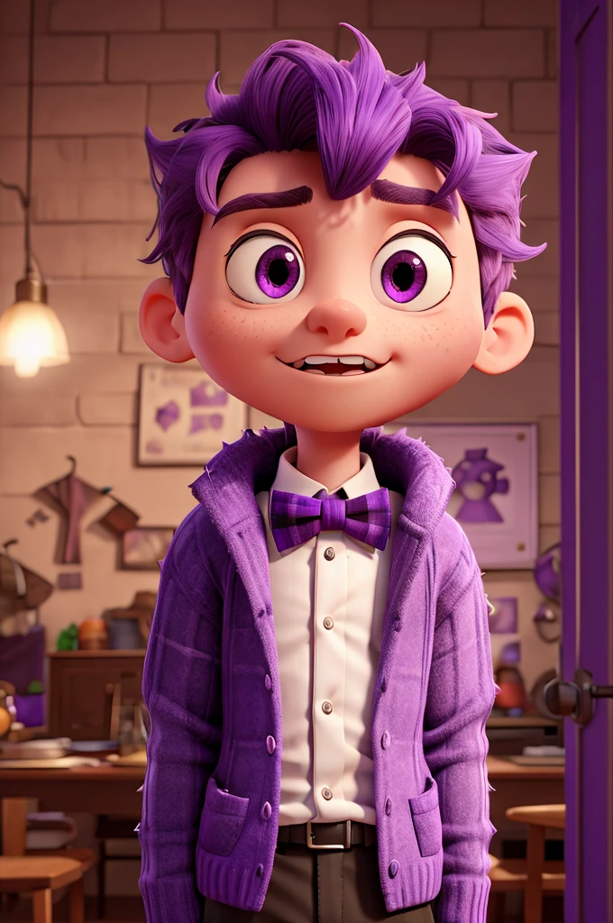 thin and tall, purple, with big bulging eyes, spiky hair and a panicked expression. wearing a plaid sweater and a bow tie.