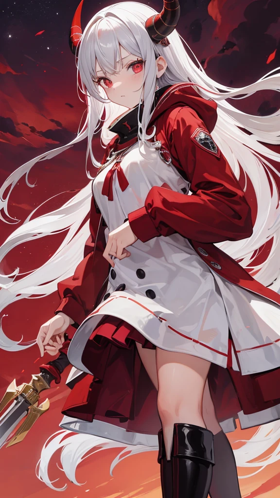 (masutepiece:1.2, Best Quality), [1 girl, expressioness, oversized red coat, silver hair, red inner hair,long hair, 2horns on the head, beige horns, beautiful eyes, brilliant eyes, Red Eyes,wine red colored shirts, silver long cloak, silver boots, beige mini skirt , blood return, (Holding a Weapon, Holding a spear), red sky,full moon, red moon, looking down, looking at viewer, gradient background,wilderness in background, expressionless, forehead,