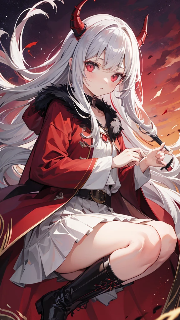 (masutepiece:1.2, Best Quality), [1 girl, expressioness, oversized red coat, silver hair, red inner hair,long hair, 2horns on the head, beige horns, beautiful eyes, brilliant eyes, Red Eyes,wine red colored shirts, silver long cloak, silver boots, beige mini skirt , blood return, (Holding a Weapon, Holding a spear), red sky,full moon, red moon, looking down, looking at viewer, gradient background,wilderness in background, expressionless, forehead,