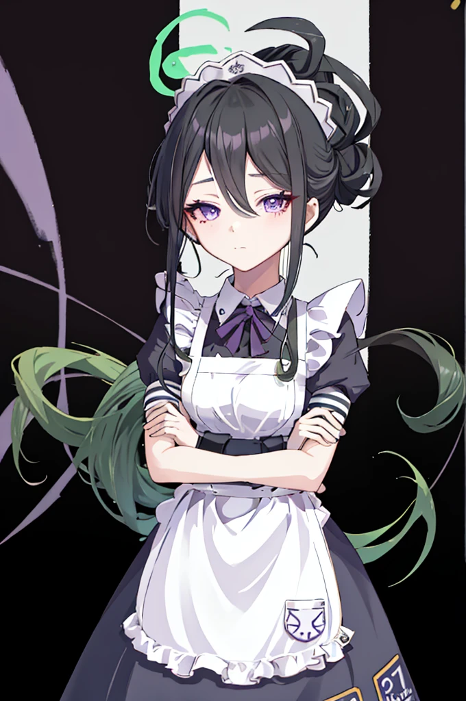 best quality, masterpiece, highres, solo, {maid:1.40}, {long maid dress:1.15}, {kuki_shinobu_genshin:1.15}, green_hair, purple_eyes, bangs, ponytail, hair_between_eyes, hair_ornament, breasts