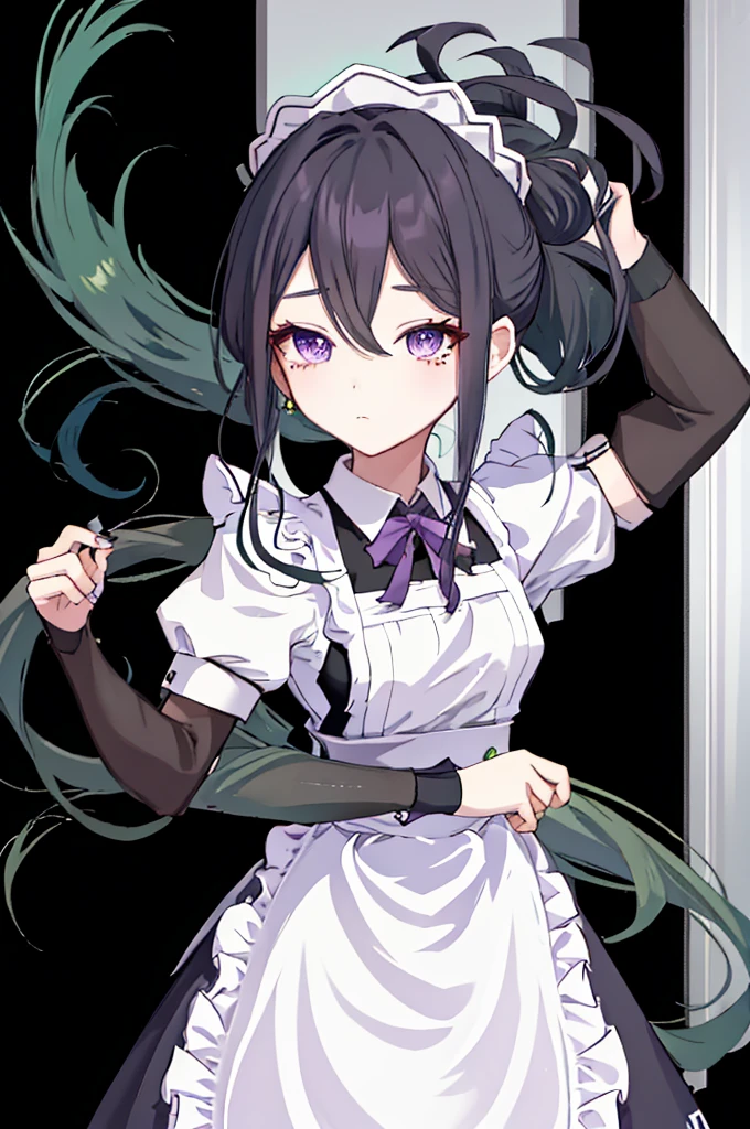 best quality, masterpiece, highres, solo, {maid:1.40}, {long maid dress:1.15}, {kuki_shinobu_genshin:1.15}, green_hair, purple_eyes, bangs, ponytail, hair_between_eyes, hair_ornament, breasts