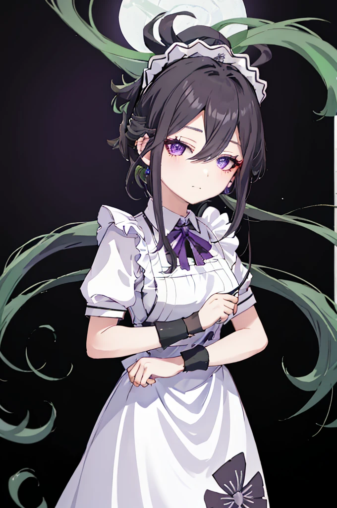 best quality, masterpiece, highres, solo, {maid:1.40}, {long maid dress:1.15}, {kuki_shinobu_genshin:1.15}, green_hair, purple_eyes, bangs, ponytail, hair_between_eyes, hair_ornament, breasts