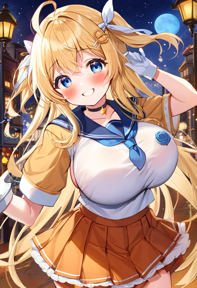 One girl, EPsm Sailor Venus,Big Breasts, (Long blonde hair, blue eyes, blush, Sailor Warrior Uniforms, White elbow gloves, Hair Ribbon, Circlet, choker, Orange Skirt, Orange sailor collar, Medium chest:1.2), Cute pose, justice, night, smile, masterpiece, Highest quality, detailed background, Intricate details, detailed