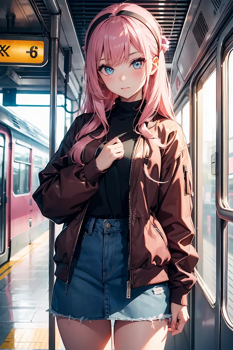 ((1 Girl)), in the train, Snickering, blush, Latest Fashion Trends, Street fashion,Jacket, Open chest,Cool look, Fashionable skirts,Relaxed pose,Cowboy Shot,((Very detailed,Highest quality, High resolution, 8k wallpaper, Beautiful clothes,)),((Pink Hair, Long Hair,Straight hair, hair accessory)), (Green Eyes),eye shadow, eyeliner,Glowing Eyes, Very detailedな目, Complex eyes, Beautiful Eyes, 18-year-old girl.