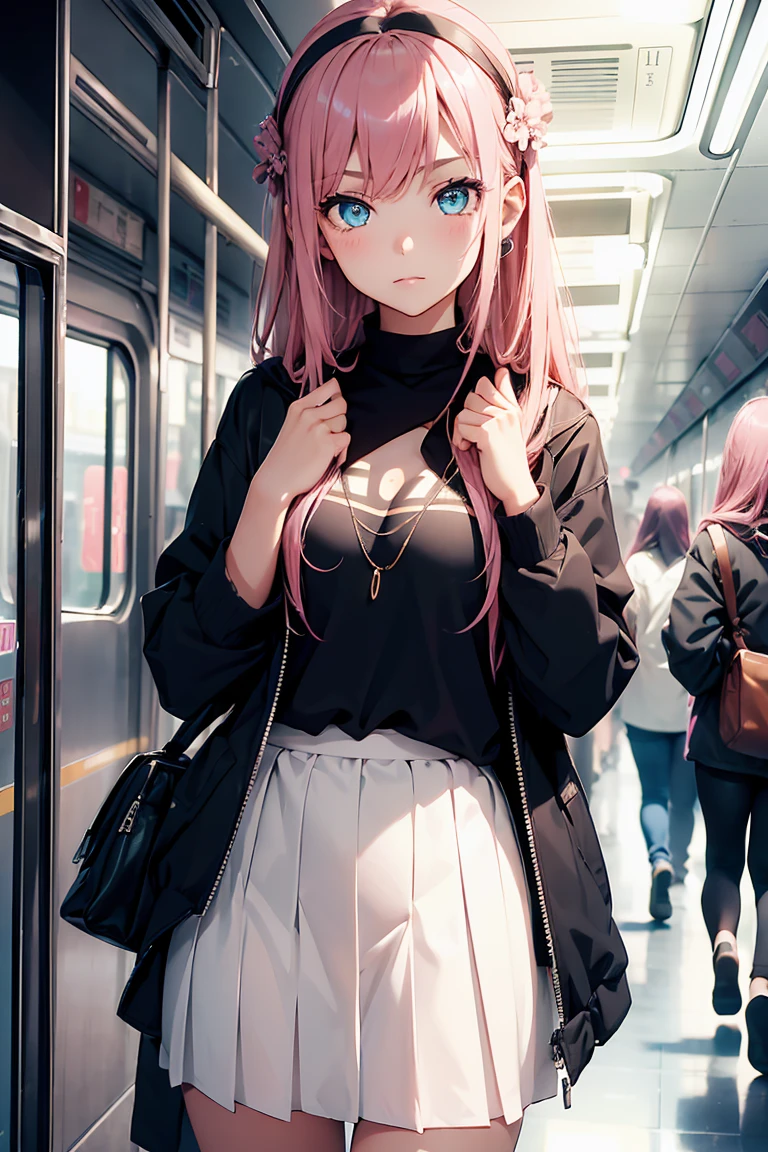 ((1 Girl)), in the train, Snickering, blush, Latest Fashion Trends, Street fashion,Jacket, Open chest,Cool look, Fashionable skirts,Relaxed pose,Cowboy Shot,((Very detailed,Highest quality, High resolution, 8k wallpaper, Beautiful clothes,)),((Pink Hair, Long Hair,Straight hair, hair accessory)), (Green Eyes),eye shadow, eyeliner,Glowing Eyes, Very detailedな目, Complex eyes, Beautiful Eyes, 18-year-old girl.
