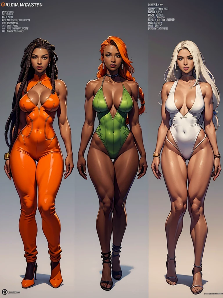 ((best quality)), ((4k)), ((highres)), ((masterpiece:1.2)). ((detailed)), ((ultra realistic)), ((character design sheet)), full body picture of a beautifull Ebony skinned female, black woman, dark skin, ebony princess, perfect face, detailed eyes, detailed lips, about 25 years old, about 5'7 ft. tall, long dreadlocks down to her hips, ((emphasis on her long dreadlocks down to her hips)), pretty, feminine woman, toned body but not too muscular looking, dressed in a skin-tight sleeveless full body orange jumpsuit, ((emphasis on the skin-tight sleeveless full body orange jumpsuit)), showing cleavage, glamorous, strappy lace up high, fighting game character concept art, tekken character design, the king of fighters character concept, full bofy, full body concept art, full body art