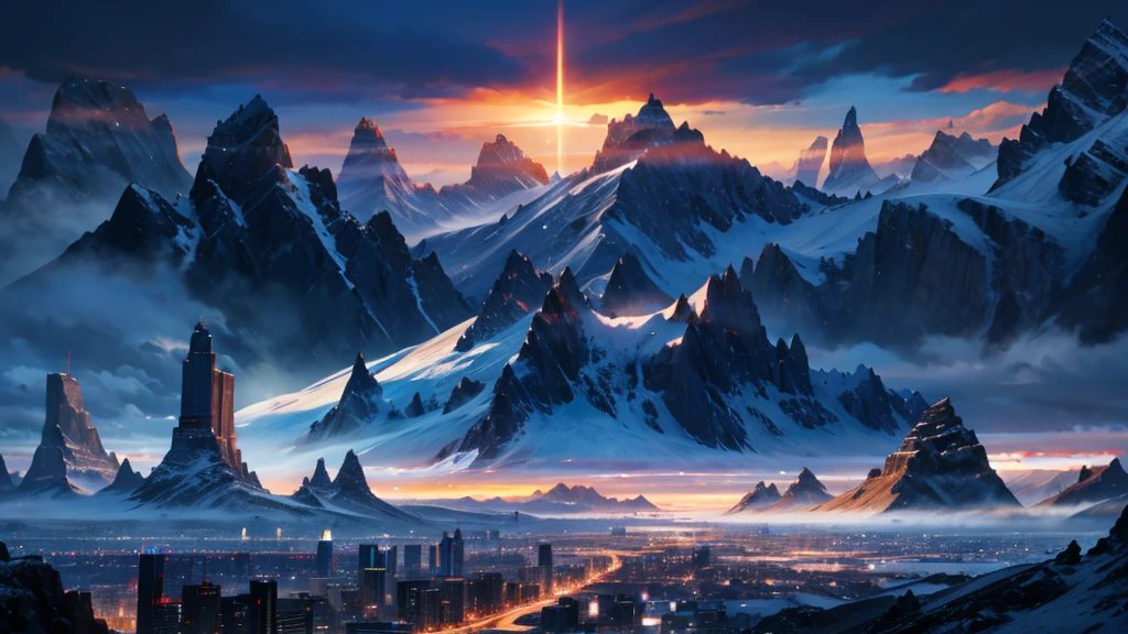 make a futuristic city on top of a mountain. as if it were in DENALI in Alaska. the city must be very advanced and beautiful. make a wallpaper of it in 8k. beautiful, full of life and technology. millennia in the future