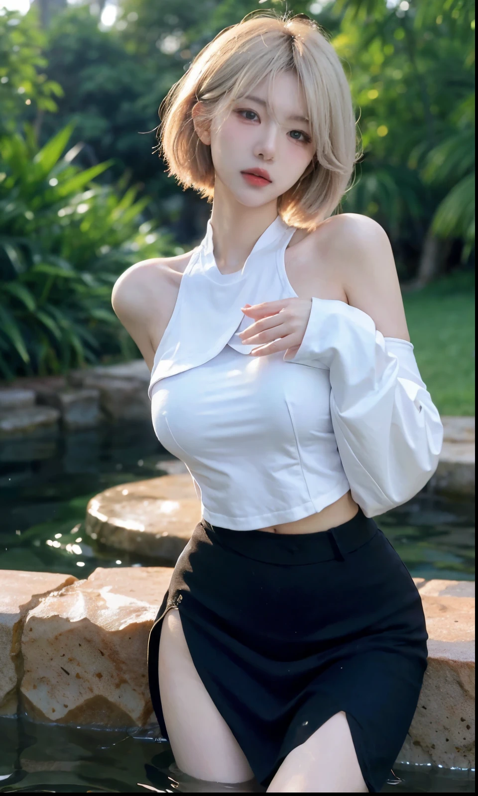 Beautiful woman with perfect figure:1.4,Swimming background,Desert Background,Ultra-high resolution,Seductive laughter,wear glasses,White legs,(lifelike:1.4),Layered Hairstyle,White skin,Black mini pleated skirt,whole body,Very delicate face and skin texture,Double eyelids,Skin Whitening,Long hair,White hair,White,