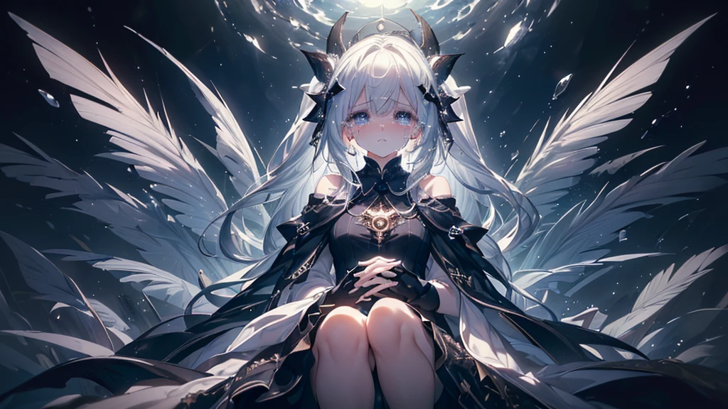 (darkness), ((Beautiful eyes)), (((tears))), (((Highest quality、masterpiece、Ultra-fine、Ultra-fine、Exquisite、16K、Full HD,))) 、Long eyelashes、White skin、(thin and long)、 ((cute)) ((One person)),Zoom out,(A magnificent composition、epic proportion)、Dynamic lighting,Hold your knees