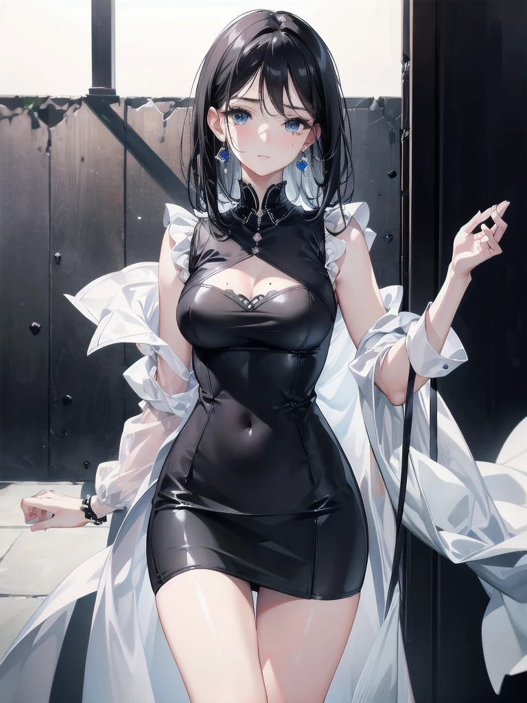absurdres, RAW photo, extremely delicate and beautiful, masterpiece, Best Quality, ultra high resolution, 32k, hyperrealistic, ultra-detailed, in her 20s, delicate facial features, tearful mole, earring, medium breasts, full body shot, shorter middle black hair, short pencil skirt, collared button black sleeveless shirt,