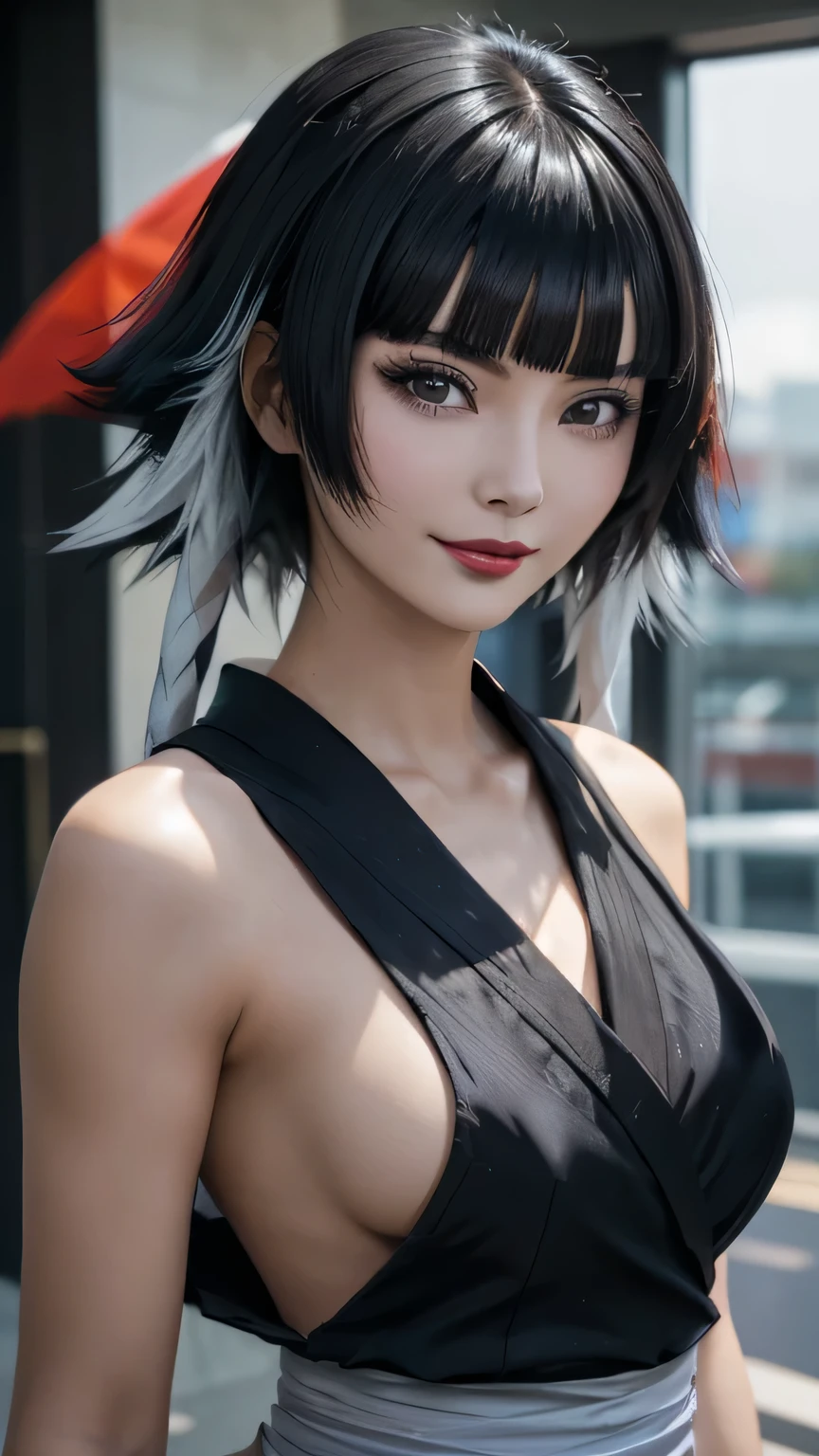 sfw, a close up of a person with short hair and a black kimono, soifon, soifon from anime bleach, as an anime character, perfect anime face, she has black hair with bangs, female anime character, anime character, anime best girl, hime cut hairstyle, black hair, (red glossy lips:1.3), blue eyes, smile, realistic, ultra detail, city background, (beautiful face:1.3), wearing bra,((skinny waist)), young asian girl, ((big breasted)),