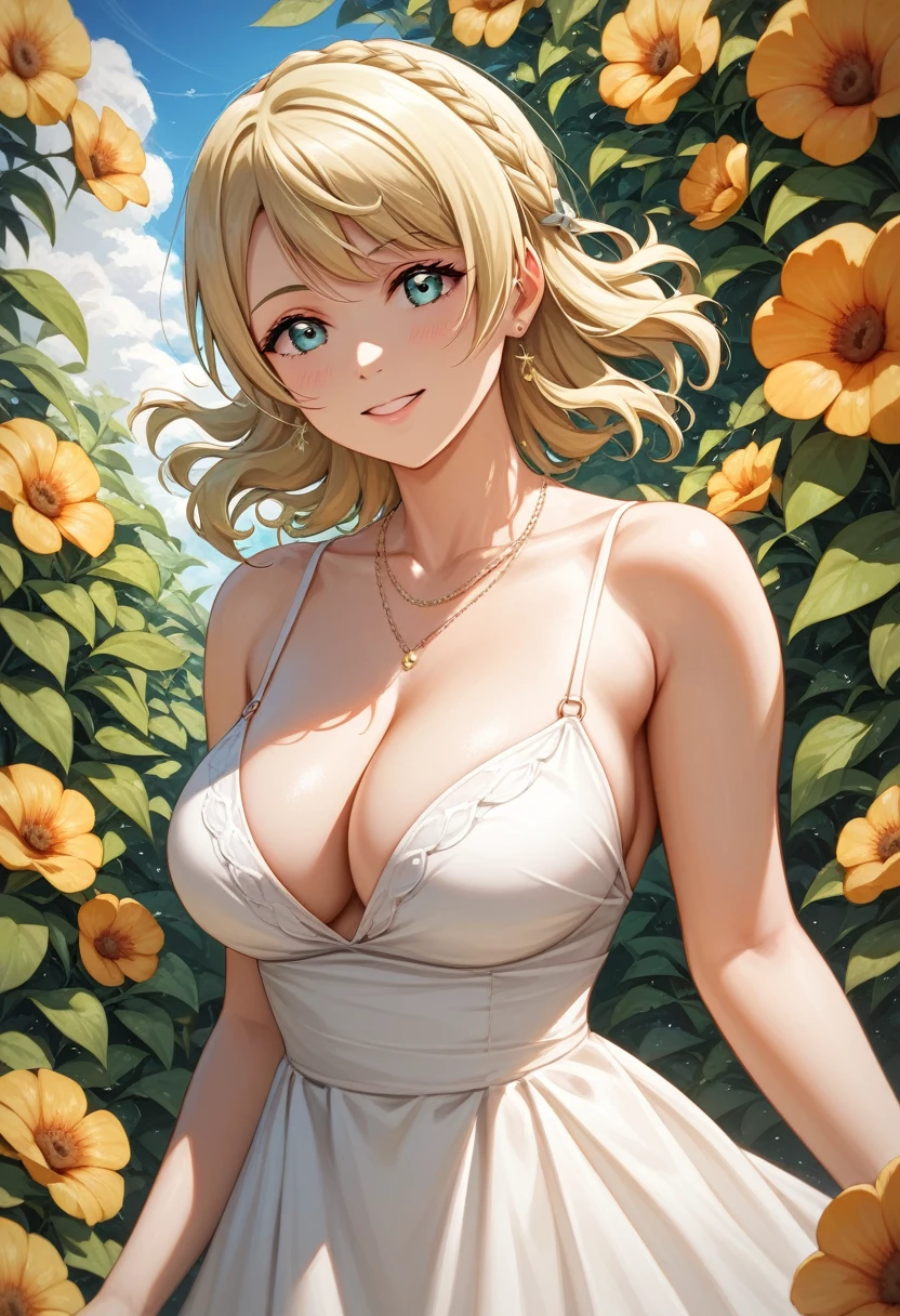 Masterpiece, beautiful, facial details, 8k wallpaper, Emma Verde [Love Live Nijigasaki], summer dress, detailed hair strands,big breasts, cleavage