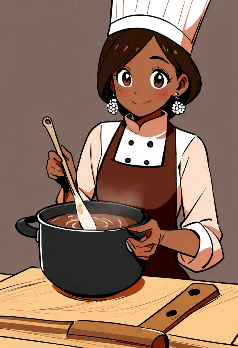 Create a Disney Pixar Poster. A woman chef. This woman has dark brown hair, shoulder length hair, is smiling happily, eyes browns, small eyes. She wears small earrings. She has dark brown skin. She&#39;s stirring a pot.