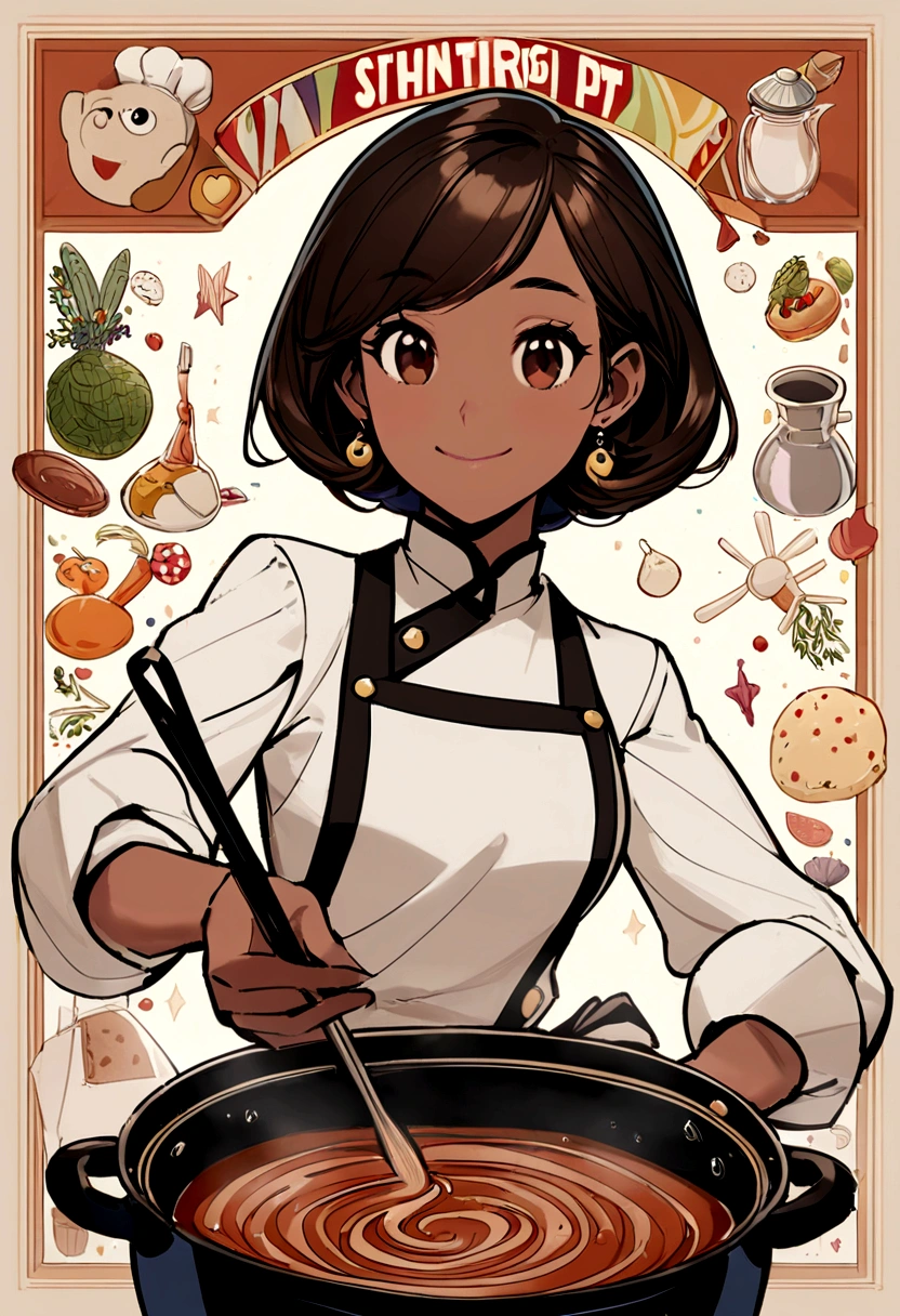 Create a Disney Pixar Poster. A woman chef. This woman has dark brown hair, shoulder length hair, is smiling happily, eyes browns, small eyes. She wears small earrings. She has dark brown skin. She's stirring a pot.