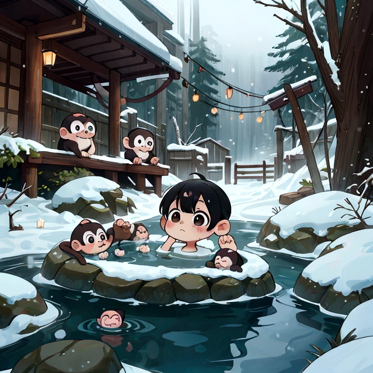 score_9, score_8_up, score_7_up, chibi, rating safe, absurdres, outdoors, snow, humid, monkeys are bathing in onsen, rock, masterpiece,