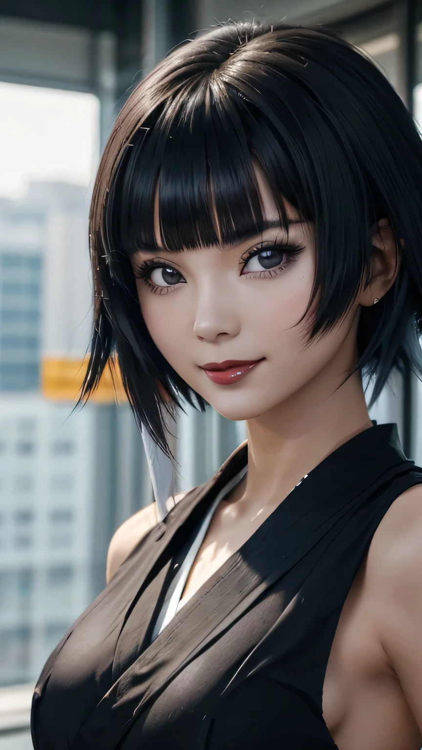 sfw, a close up of a person with short hair and a black kimono, soifon, soifon from anime bleach, as an anime character, perfect anime face, she has black hair with bangs, female anime character, anime character, anime best girl, hime cut hairstyle, black hair, (red glossy lips:1.3), blue eyes, smile, realistic, ultra detail, city background, (beautiful face:1.3), wearing bra,((skinny waist)), young asian girl, ((big breasted)),