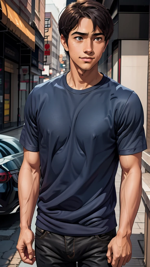 Beto. 14 year old ager. Dark skin, black jean pants, his navy blue t-shirt. Comic style 