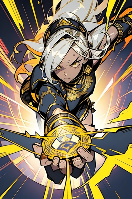 (from pov) distant from subject, highly detailed face, realistic face, gold electricity,(oversized clothes:1.2), miniskirt, (dark coat with ornate golden embroidery, golden embellished), (white hair, golden streaks on hair), yellow eyes, thigh strap, (neo city), (clouds), add_detail:1, hair over one eye, largest_breasts!!, (ultra-detailed), hyper details, (intricate details), (cinematic light, best quality Backlights), from pov, perfect body, ), (crown: 1.1), Proud, high contrast, (best illumination, an extremely calm and beautiful),, brown skin, Daylight, 1girl, gold skin, jujutsu kaisen style, (masterpiece), best quality, , Energy radiating from the character's body., Intense concentration on the character's face
