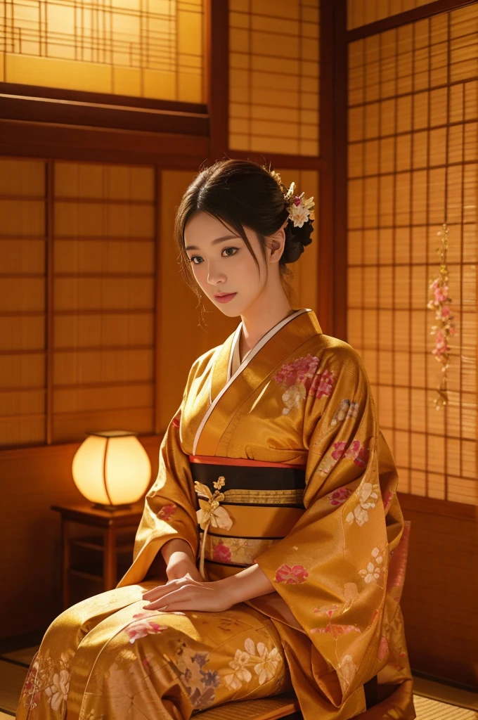 大きい胸、 kimono、Cinematic atmosphere、Professional composition、Natural Body、fantasy,sitting in front of a golden screen、flower arrangement、tatami、looking at the camera