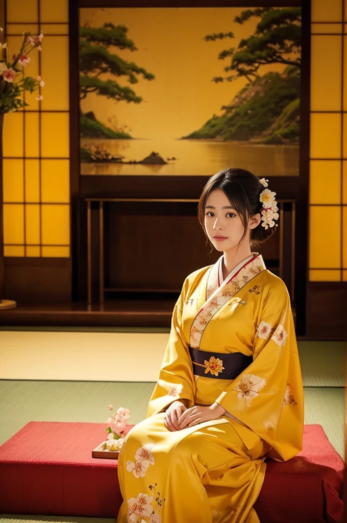 大きい胸、 kimono、Cinematic atmosphere、Professional composition、Natural Body、fantasy,sitting in front of a golden screen、flower arrangement、tatami、looking at the camera