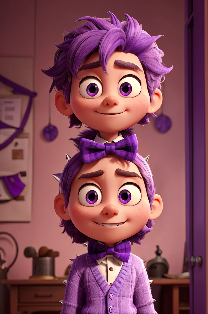 thin and tall, purple, with big bulging eyes, spiky hair and a panicked expression. wearing a plaid sweater and a bow tie.