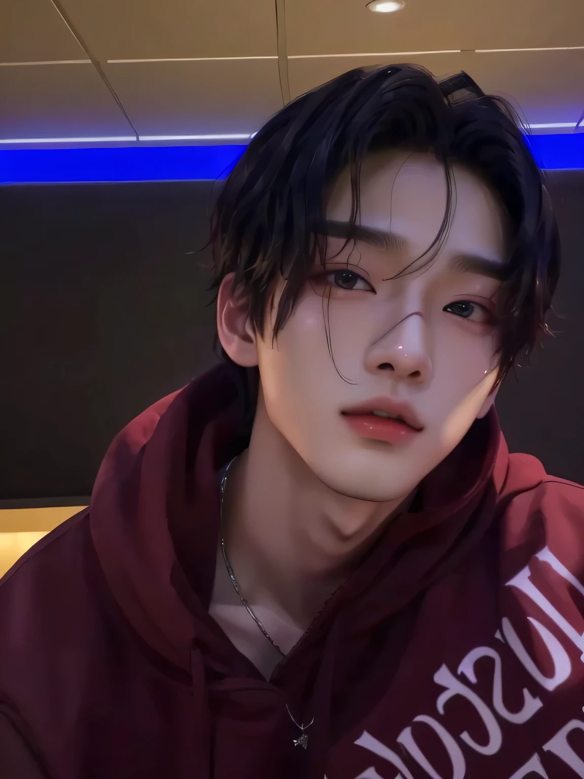 Arafed man with a red sweatshirt and a necklace on, cai xukun, pale korean adorable face, Yanjun Chengt, Jung Jaehyun, young pale angel, shaxi, wicked ulzzang, inspired by Zhang Han, 1 7-year-old boy with a thin face, inspired by Bian Shoumin, tommy 1 6 years, Jinyoung Shin Hyunjin de stray kids Hwang Hyunjin skz hyunjin